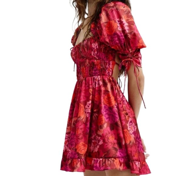 For Love & Lemons Floral Puff Sleeve Lace-Up Back Mini Dress M Red Pink - Picture 1 of 16